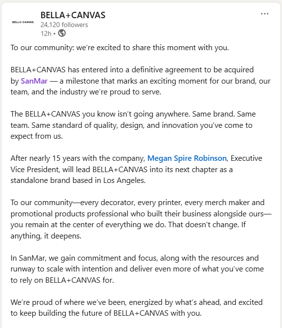 BELLA+CANVAS to be acquired by SanMar LinkedIn post